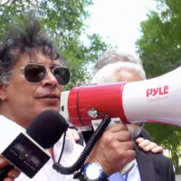 Colombian President Gustavo Petro speaks through a megaphone at an anti-Israel rally in New York, September 26, 2025. (Screen capture: MinCultura Colombia via X)
